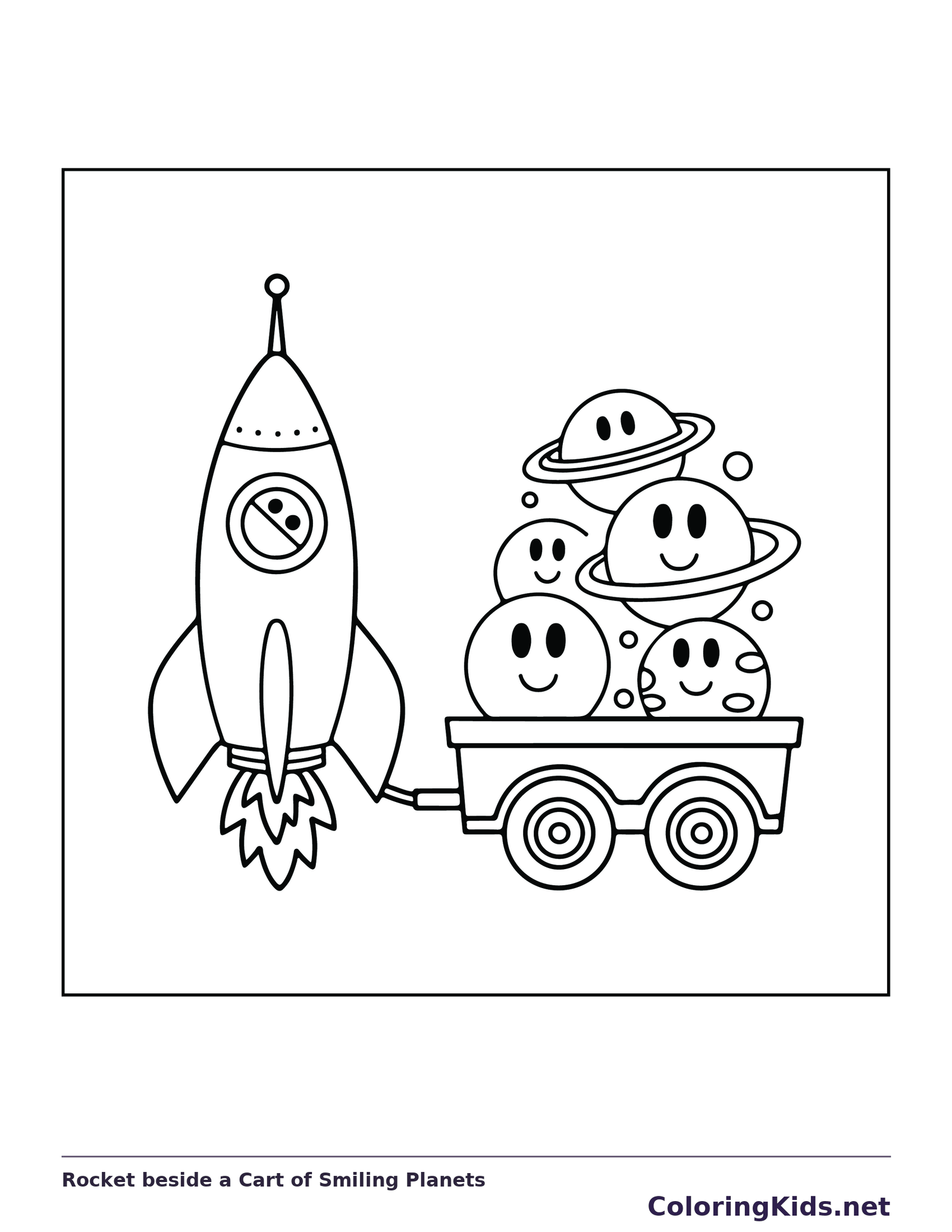Black and white printable drawing of rocket beside a wheeled cart of smiling planets