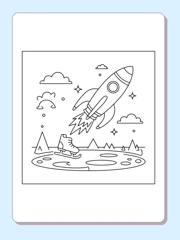 Black and white printable drawing of rocket flying above a cratered moon landscape and pointed mountains