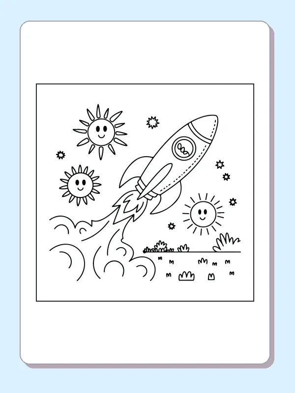 Black and white printable drawing of rocket flying past smiling suns above a cloudbank
