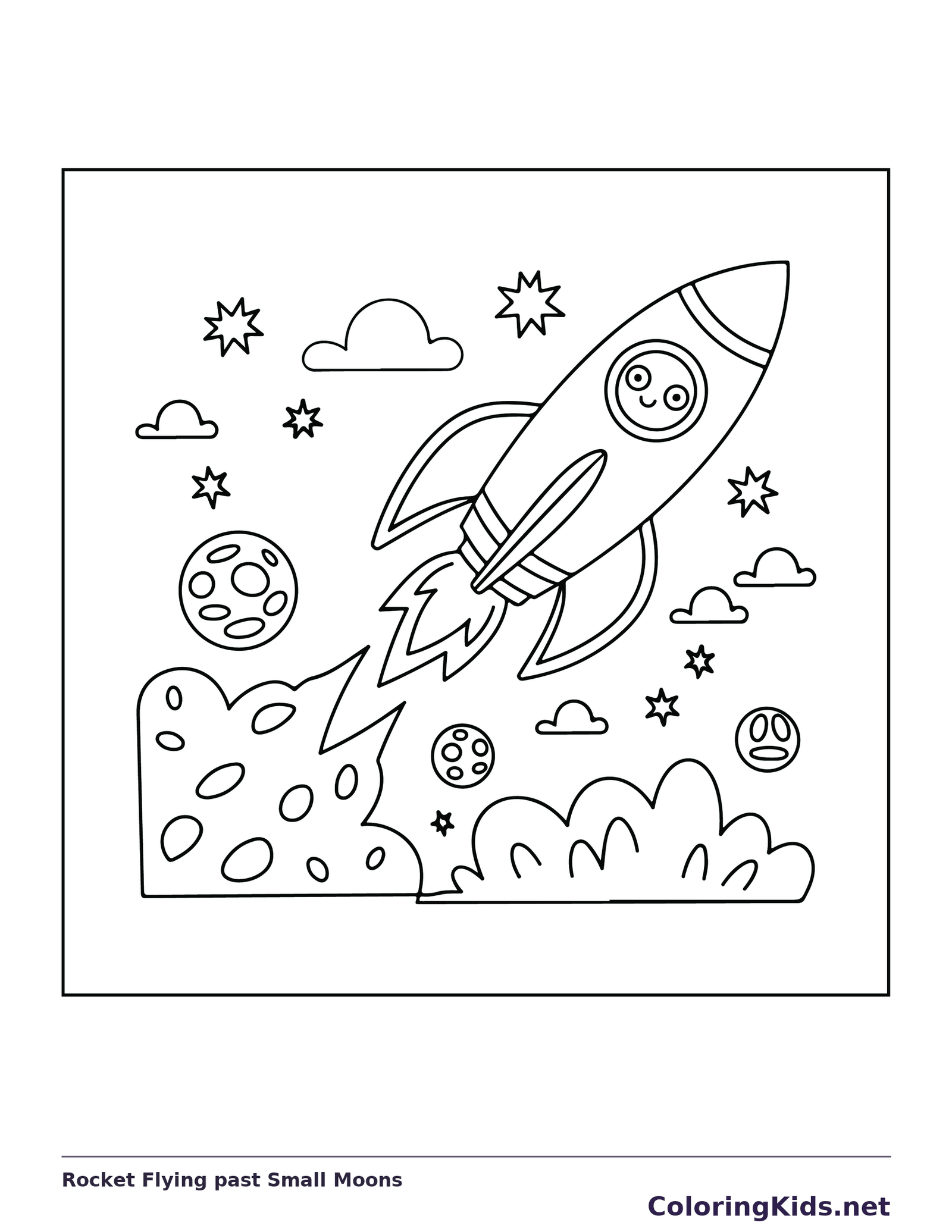 Black and white printable drawing of rocket flying past several small spotted moons and stars