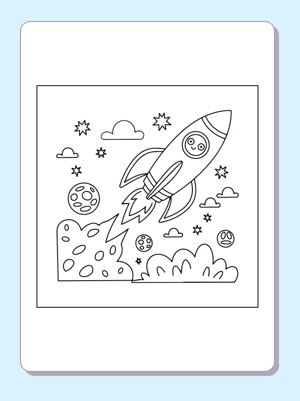 Black and white printable drawing of rocket flying past several small spotted moons and stars