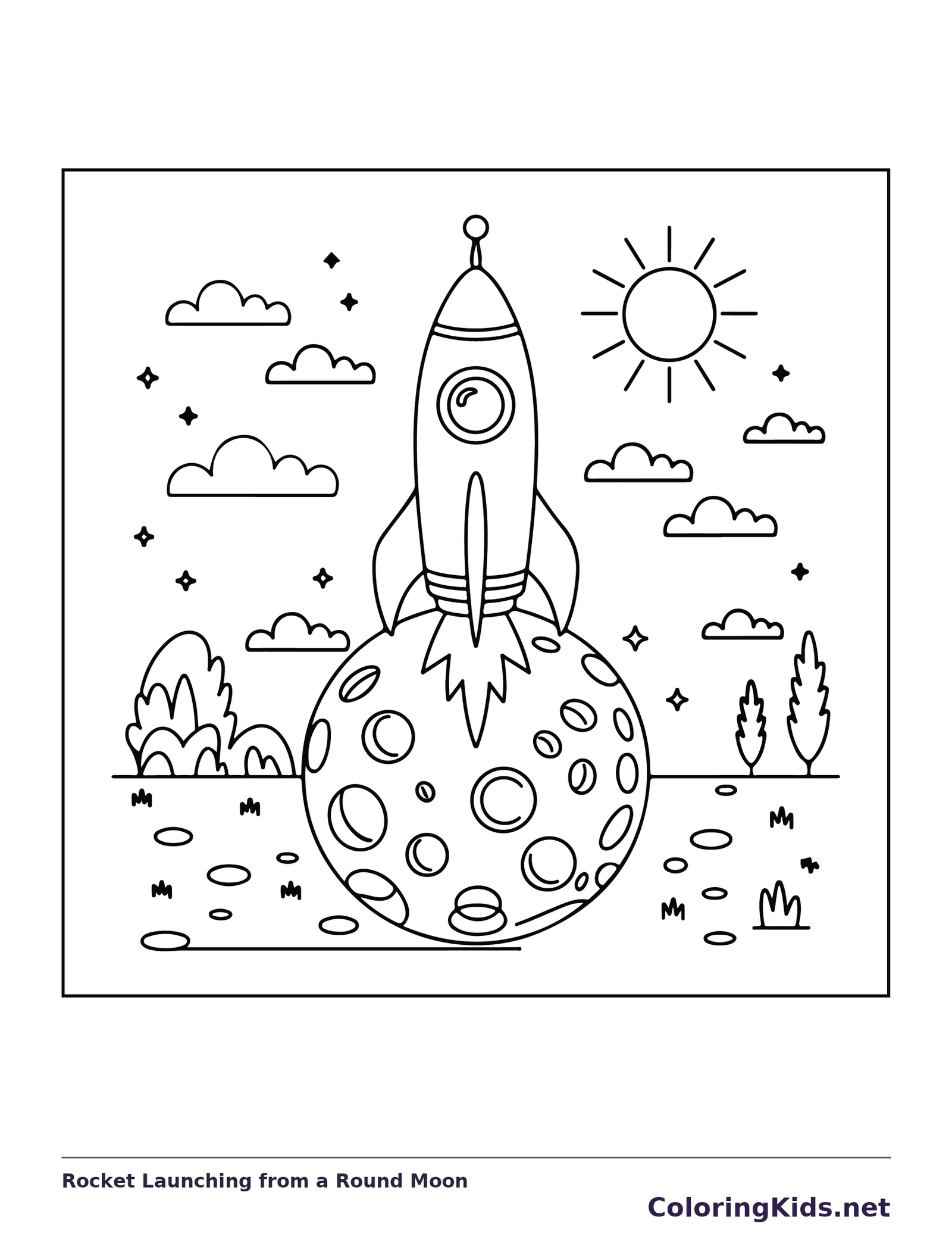 Black and white printable drawing of rocket launching from the top of a round cratered moon
