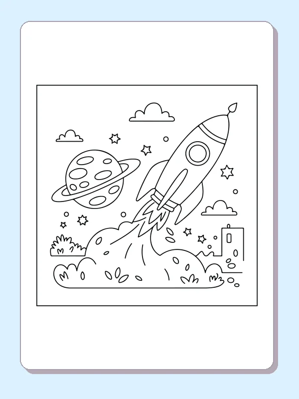 Black and white printable drawing of rocket passing a large ringed planet above clouds