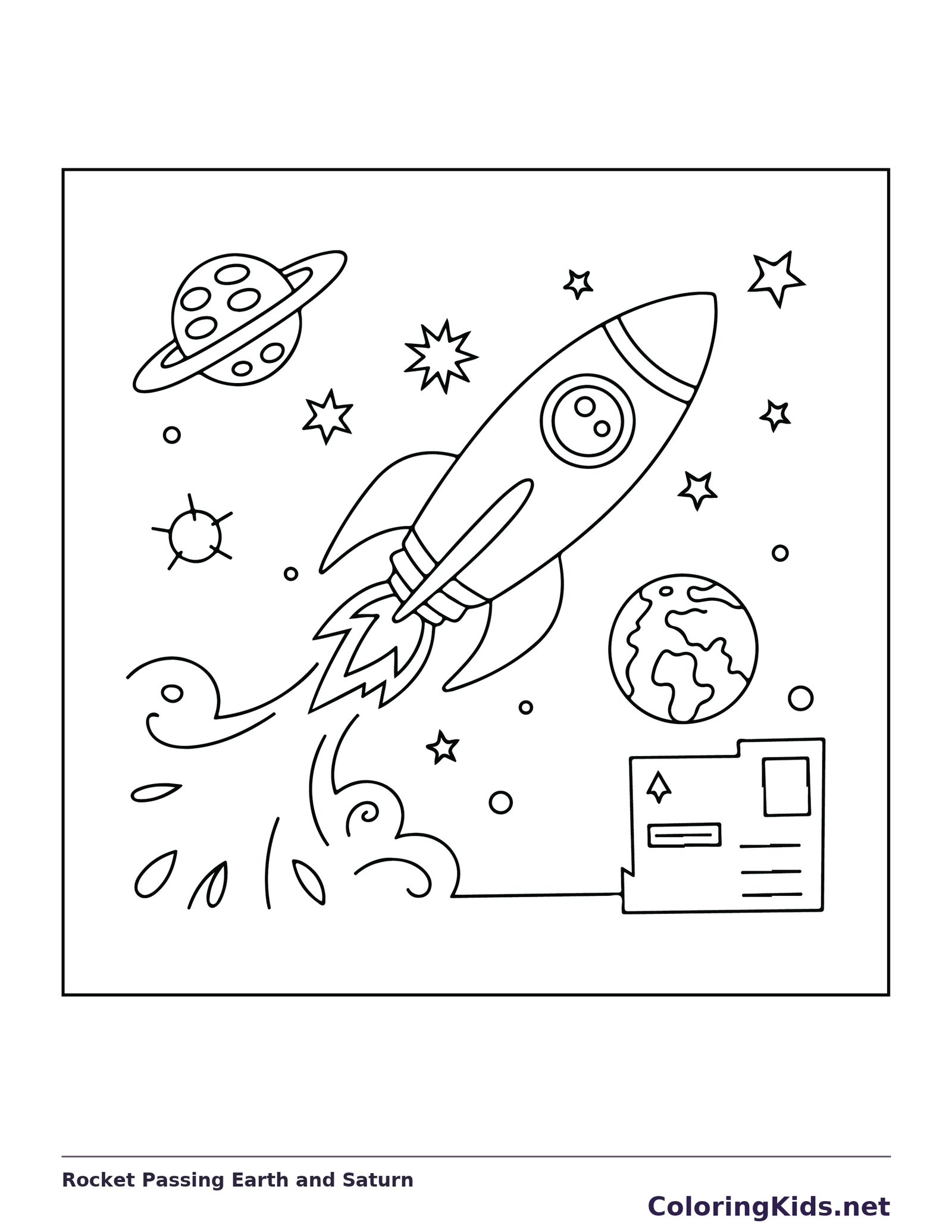 Black and white printable drawing of rocket flying between Earth and a ringed planet