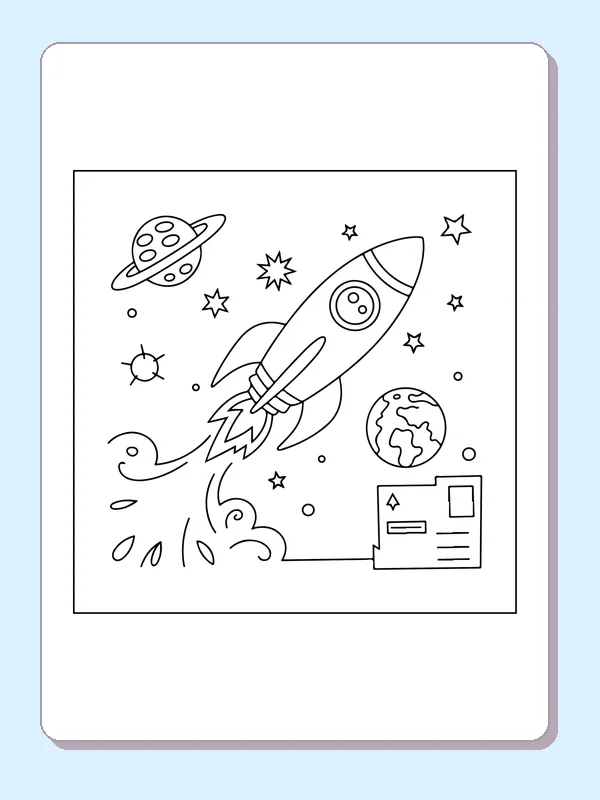 Black and white printable drawing of rocket flying between Earth and a ringed planet