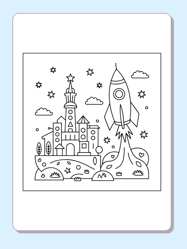 Black and white printable drawing of rocket rising beside a detailed castle with towers and stars
