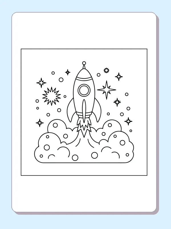 Black and white printable drawing of rocket rising from puffy clouds below scattered stars