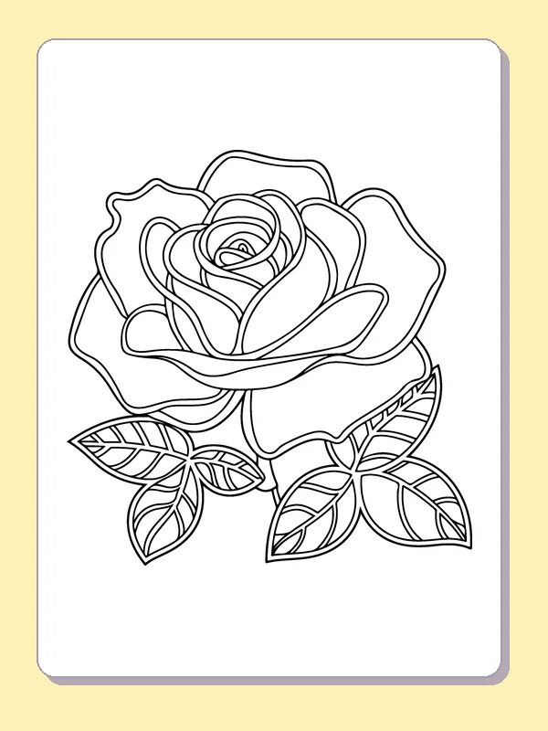 Black and white printable decorative rose with banded leaves coloring sheet