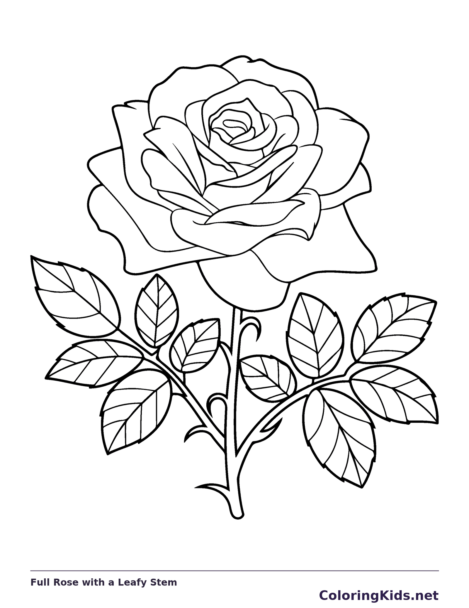 Black and white printable full rose with a leafy stem coloring sheet