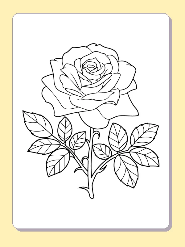 Black and white printable full rose with a leafy stem coloring sheet