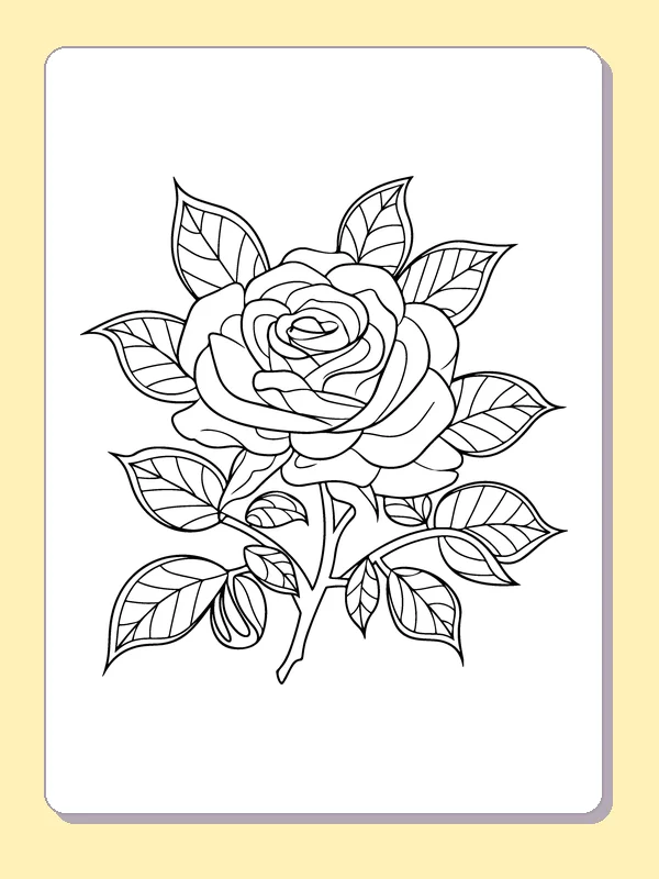 Black and white printable large rose with many side leaves coloring sheet