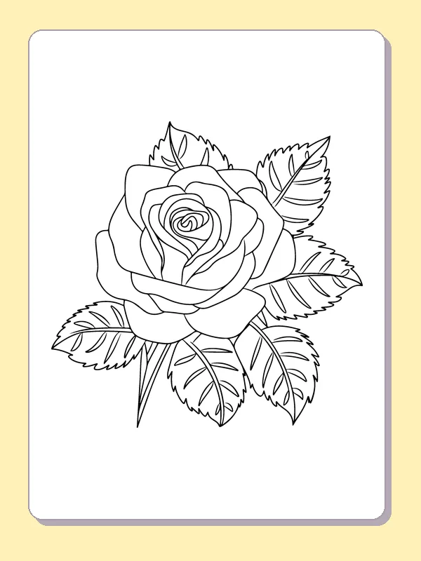 Black and white printable rose bloom framed by serrated leaves coloring sheet