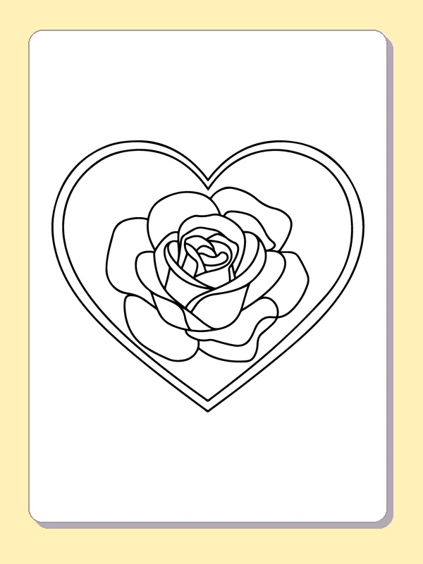 Black and white printable rose centered inside a heart coloring sheet