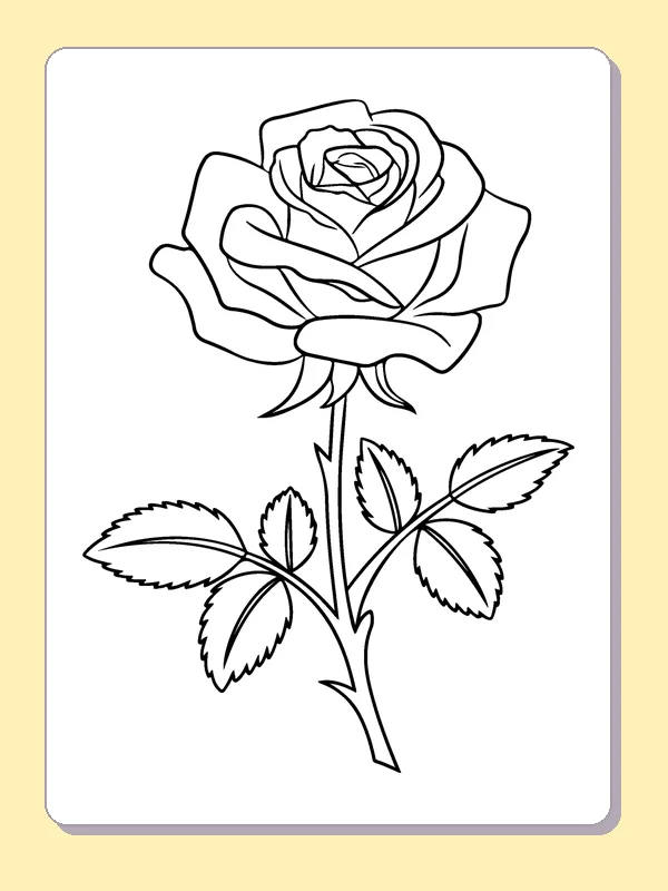 Black and white open rose on a slender thorny stem coloring sheet