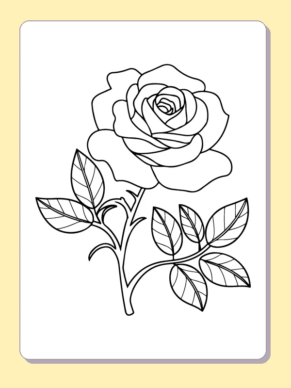 Black and white printable tall rose bloom above three leaves coloring sheet