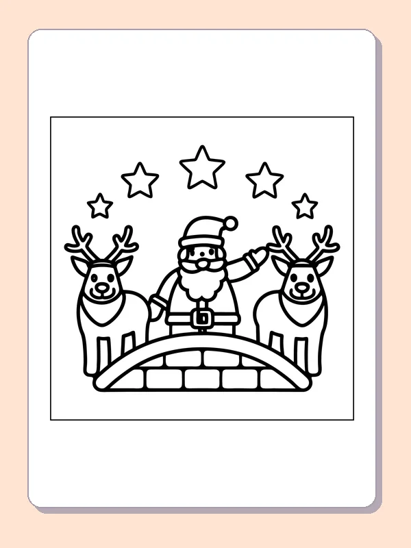 Black and white printable santa and reindeer crossing a stone bridge coloring sheet