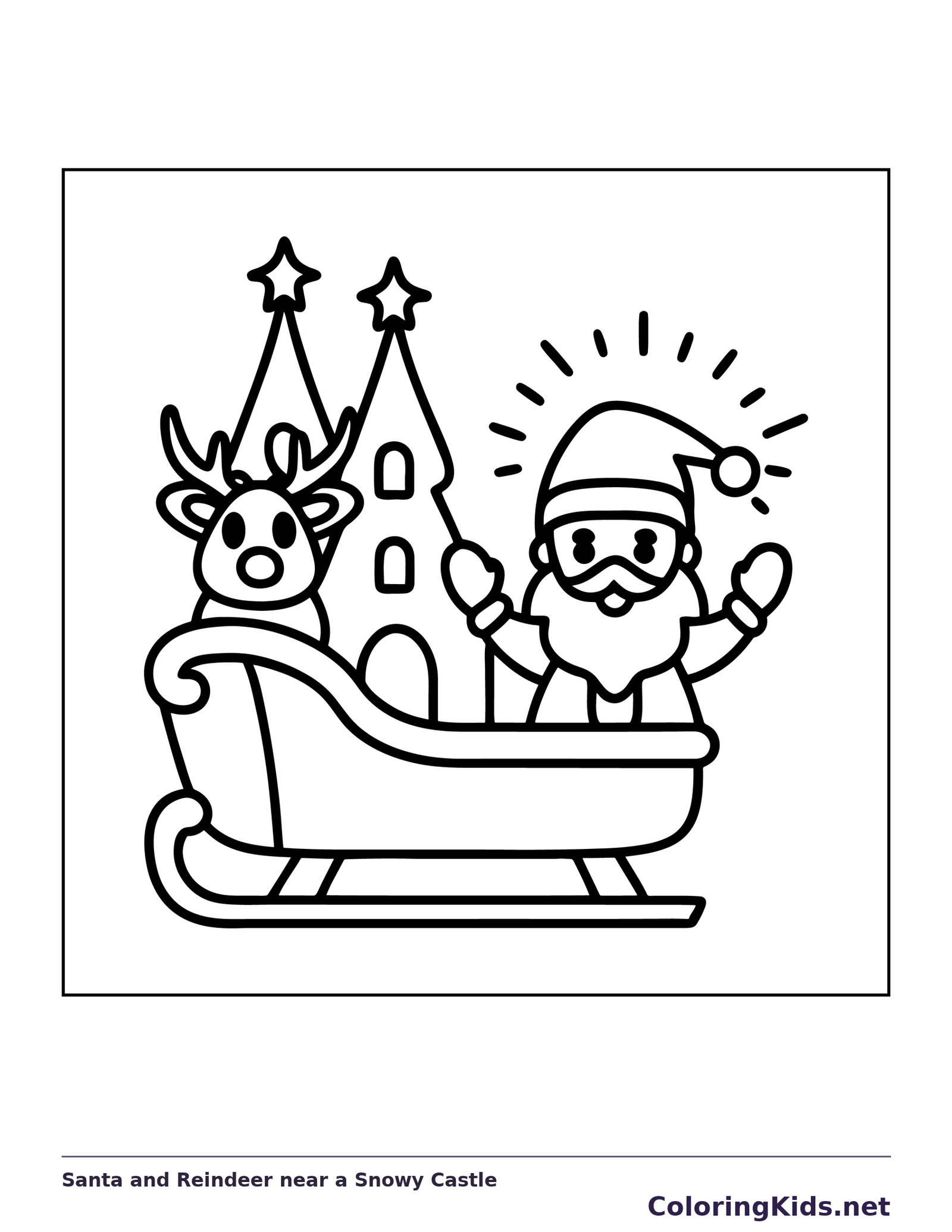 Black and white printable santa and reindeer near a snowy castle coloring sheet