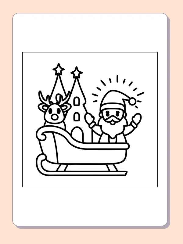 Black and white printable santa and reindeer near a snowy castle coloring sheet