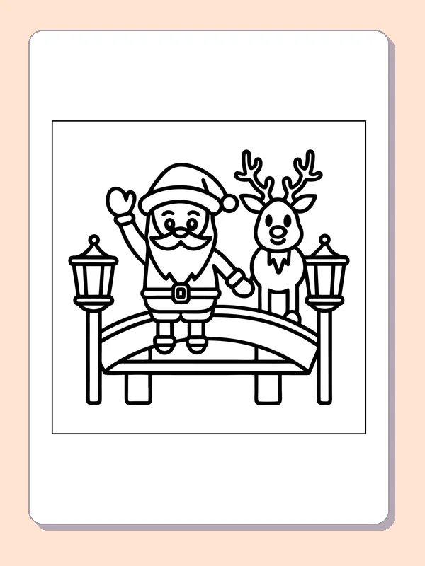 Black and white printable santa and reindeer on a bridge with lanterns coloring sheet
