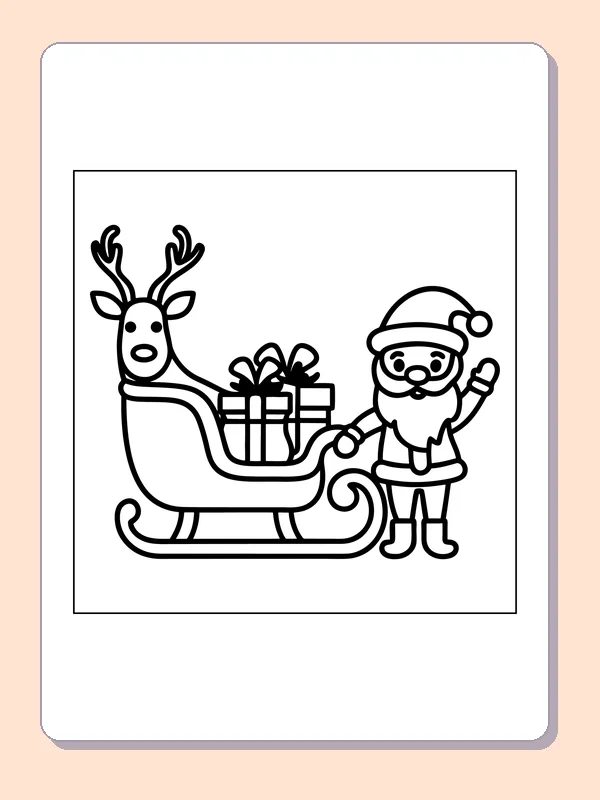 Black and white printable santa beside a sleigh full of gifts coloring sheet