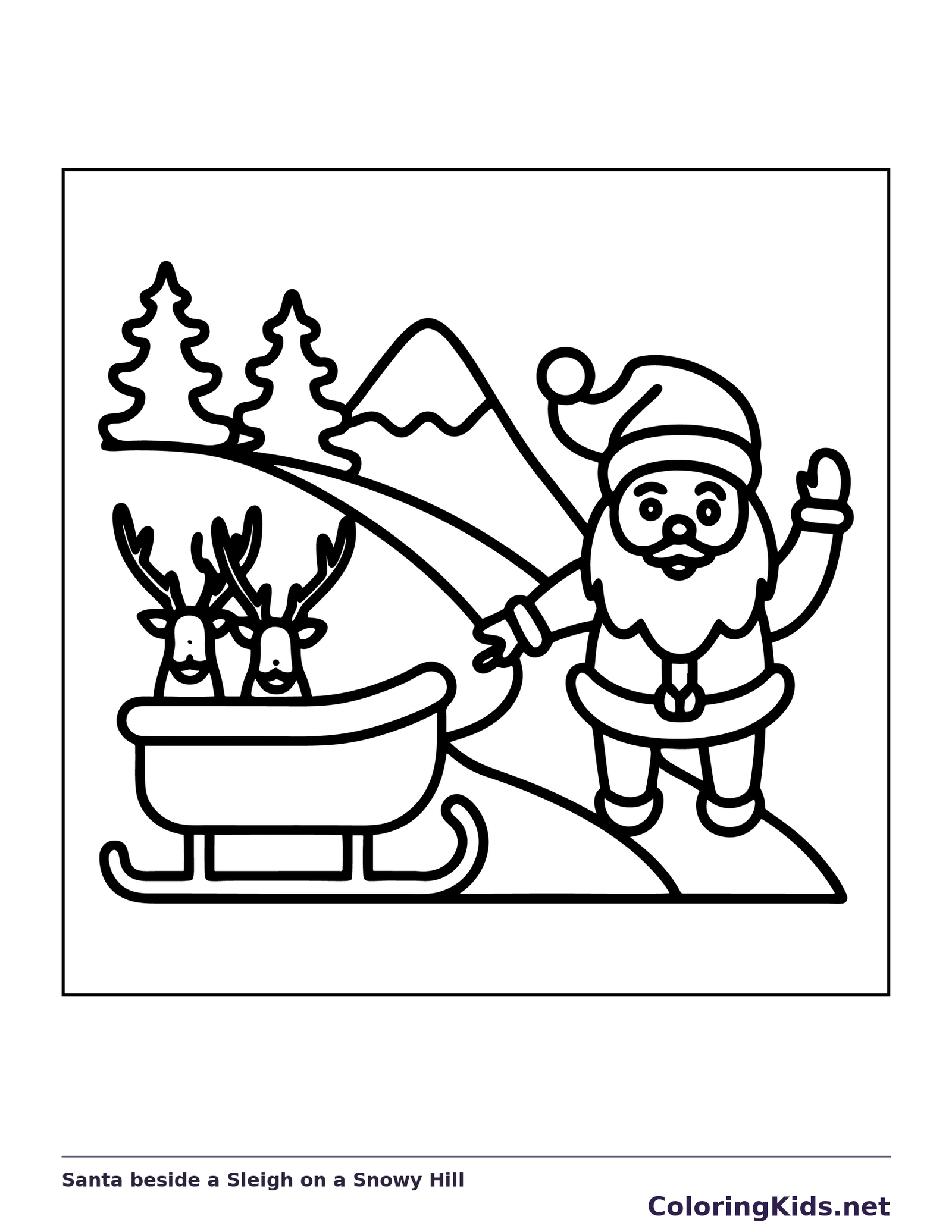Black and white printable santa beside a sleigh on a snowy hill coloring sheet