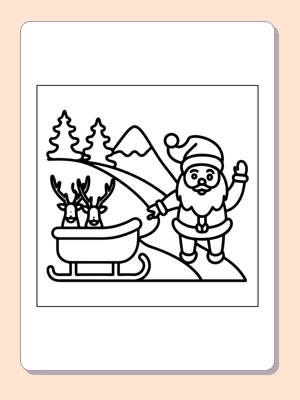 Black and white printable santa beside a sleigh on a snowy hill coloring sheet