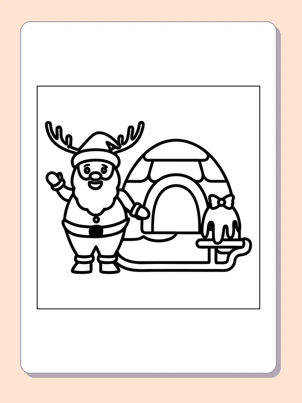Black and white printable santa beside an igloo and reindeer coloring sheet