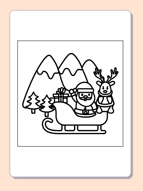 Black and white printable santa driving a gift-filled sleigh coloring sheet