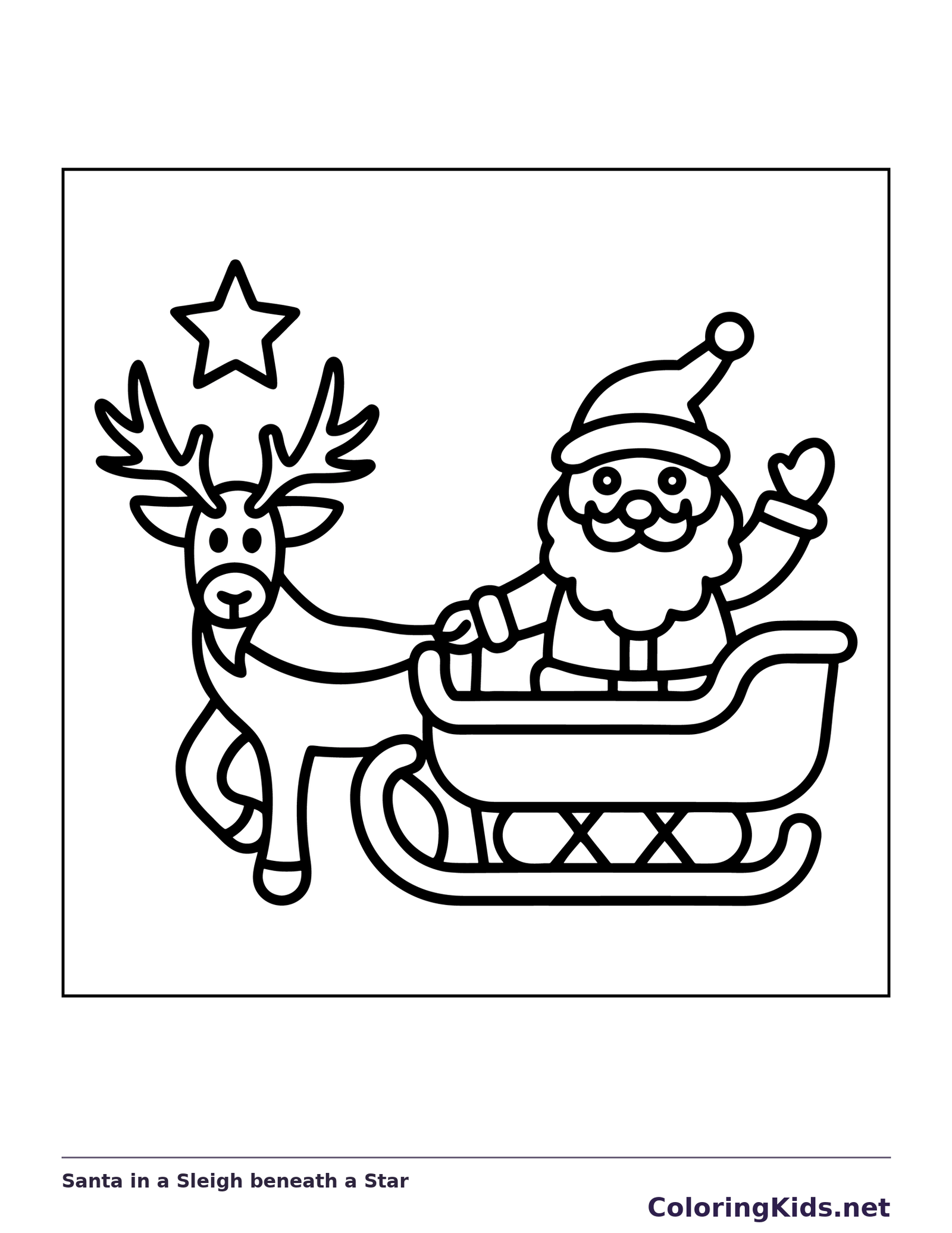 Black and white printable santa in a sleigh beneath a star coloring sheet