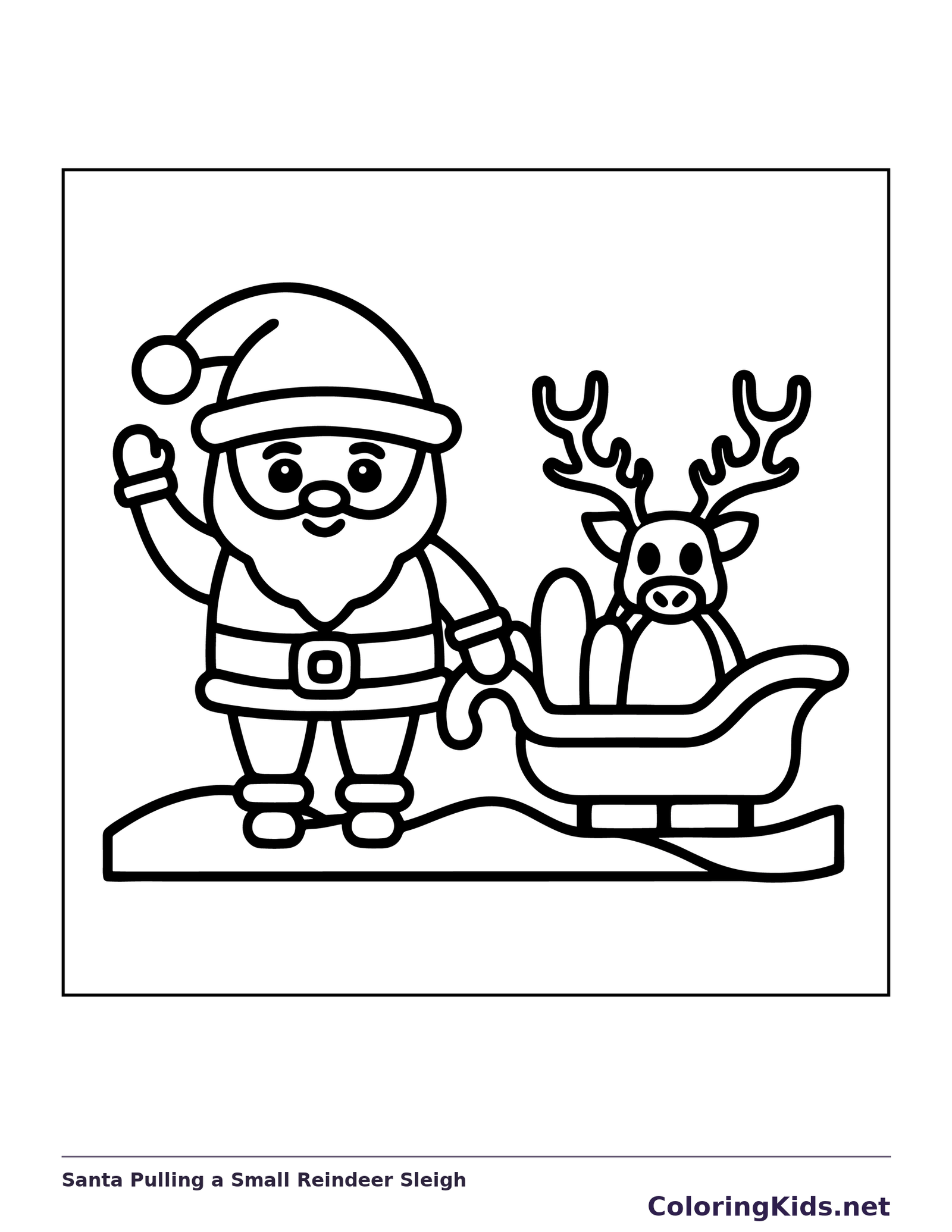 Black and white printable santa pulling a small reindeer sleigh coloring sheet