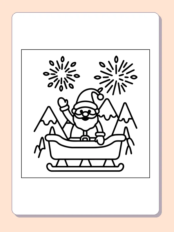 Black and white printable santa riding beneath winter fireworks coloring sheet