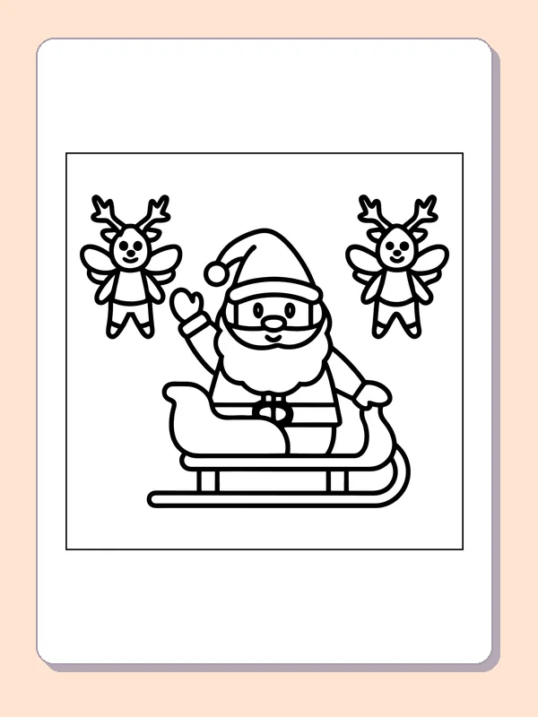 Black and white printable santa riding with flying reindeer coloring sheet