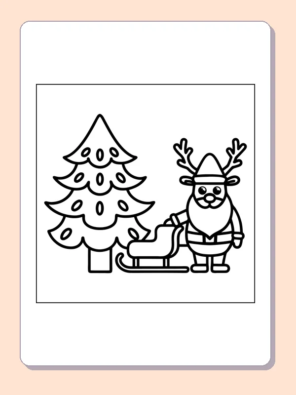 Black and white printable santa standing beside a christmas tree and reindeer coloring sheet