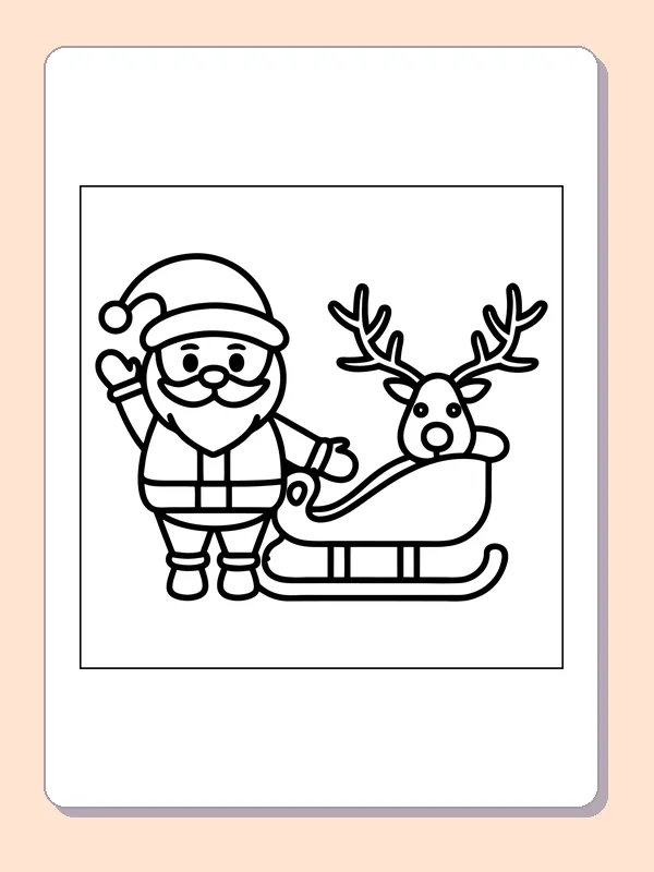 Black and white printable santa waving beside a reindeer coloring sheet