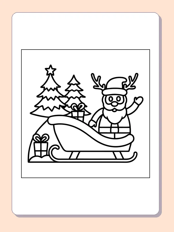 Black and white printable santa waving from a sleigh by christmas trees coloring sheet