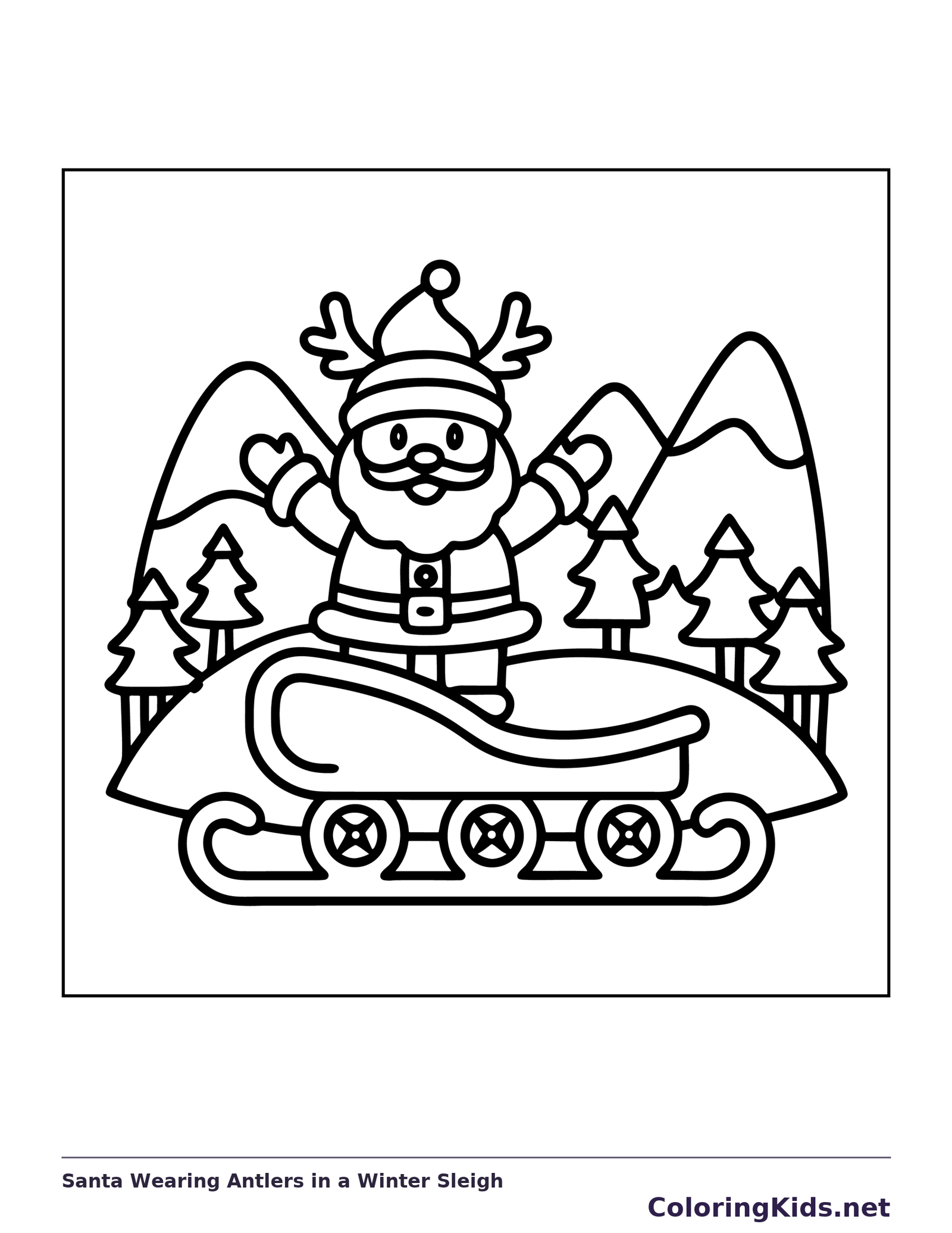Black and white printable santa wearing antlers in a winter sleigh coloring sheet