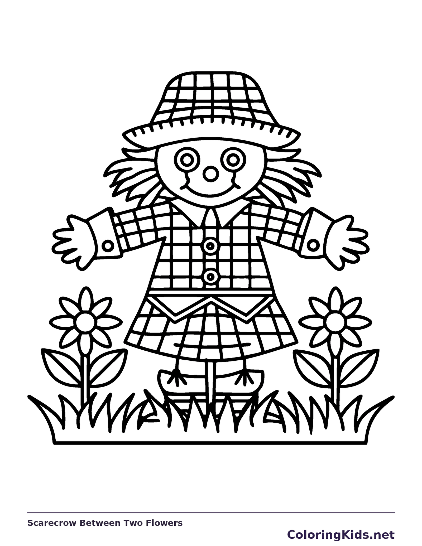 Scarecrow Between Two Flowers coloring page, black and white printable line art