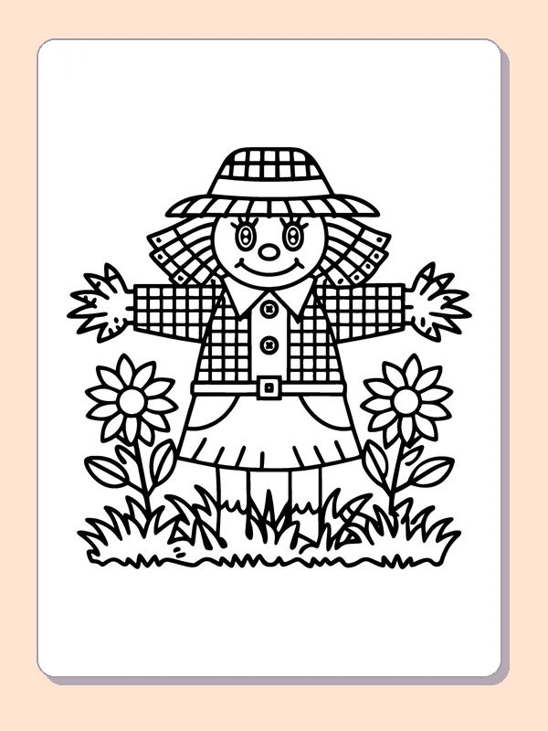 Scarecrow Between Two Sunflowers coloring page, black and white printable line art