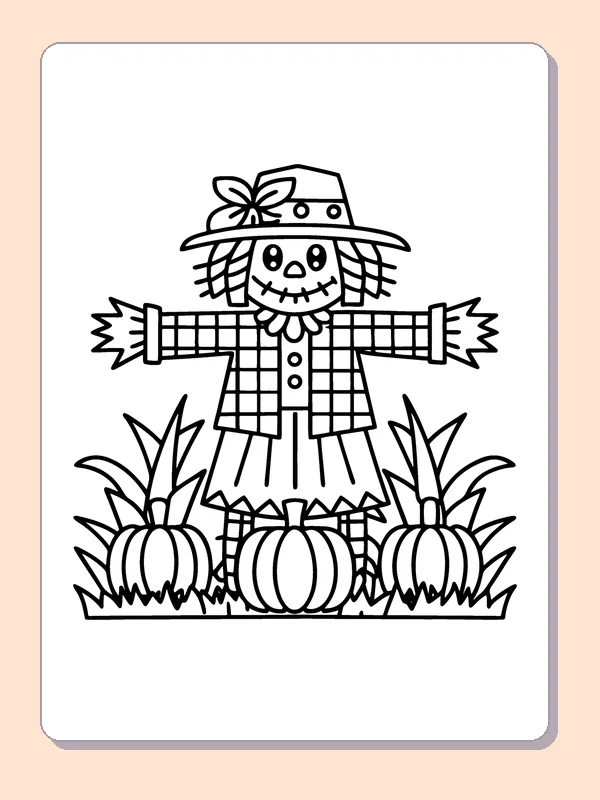 Scarecrow Guarding Three Pumpkins coloring page, black and white printable line art