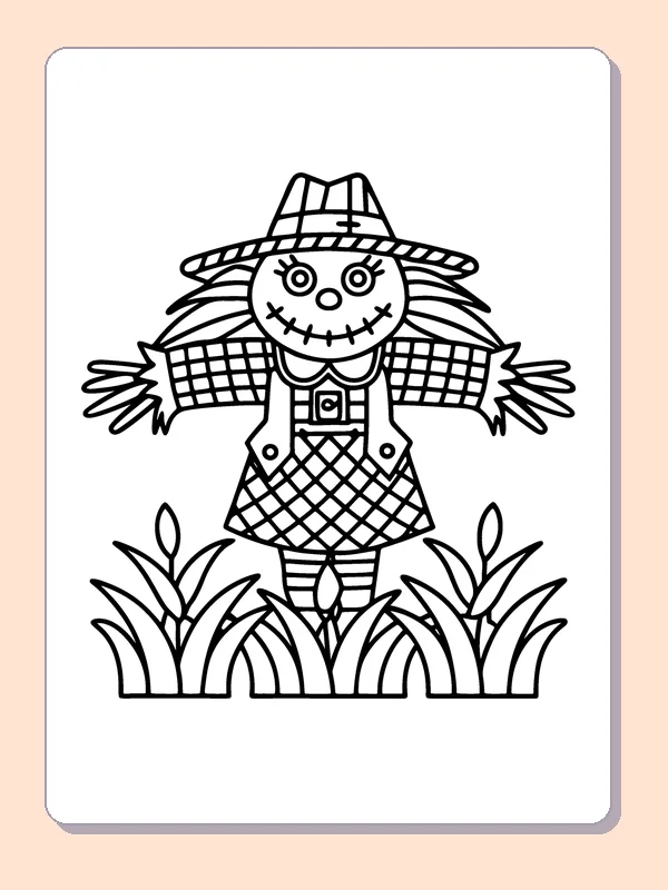 Scarecrow in a Leafy Field coloring page, black and white printable line art