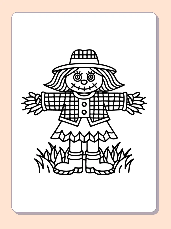 Scarecrow with a Patchwork Skirt coloring page, black and white printable line art