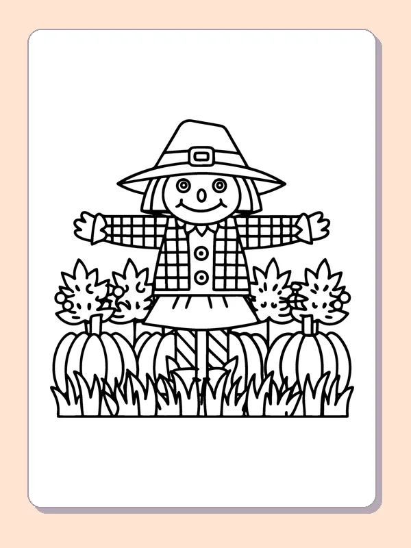 Scarecrow with Pumpkins and Corn coloring page, black and white printable line art