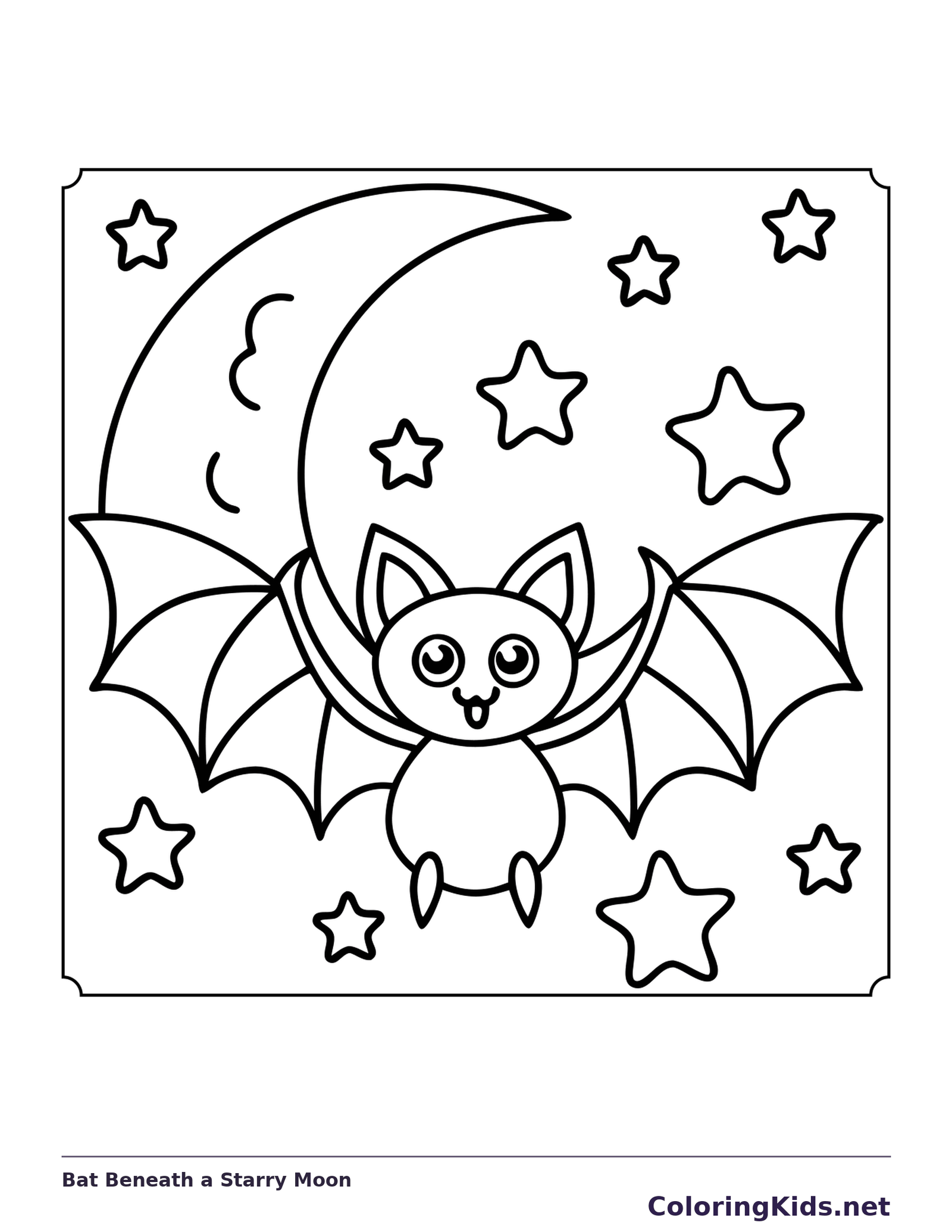 Bat Beneath a Starry Moon coloring page, black and white printable line art