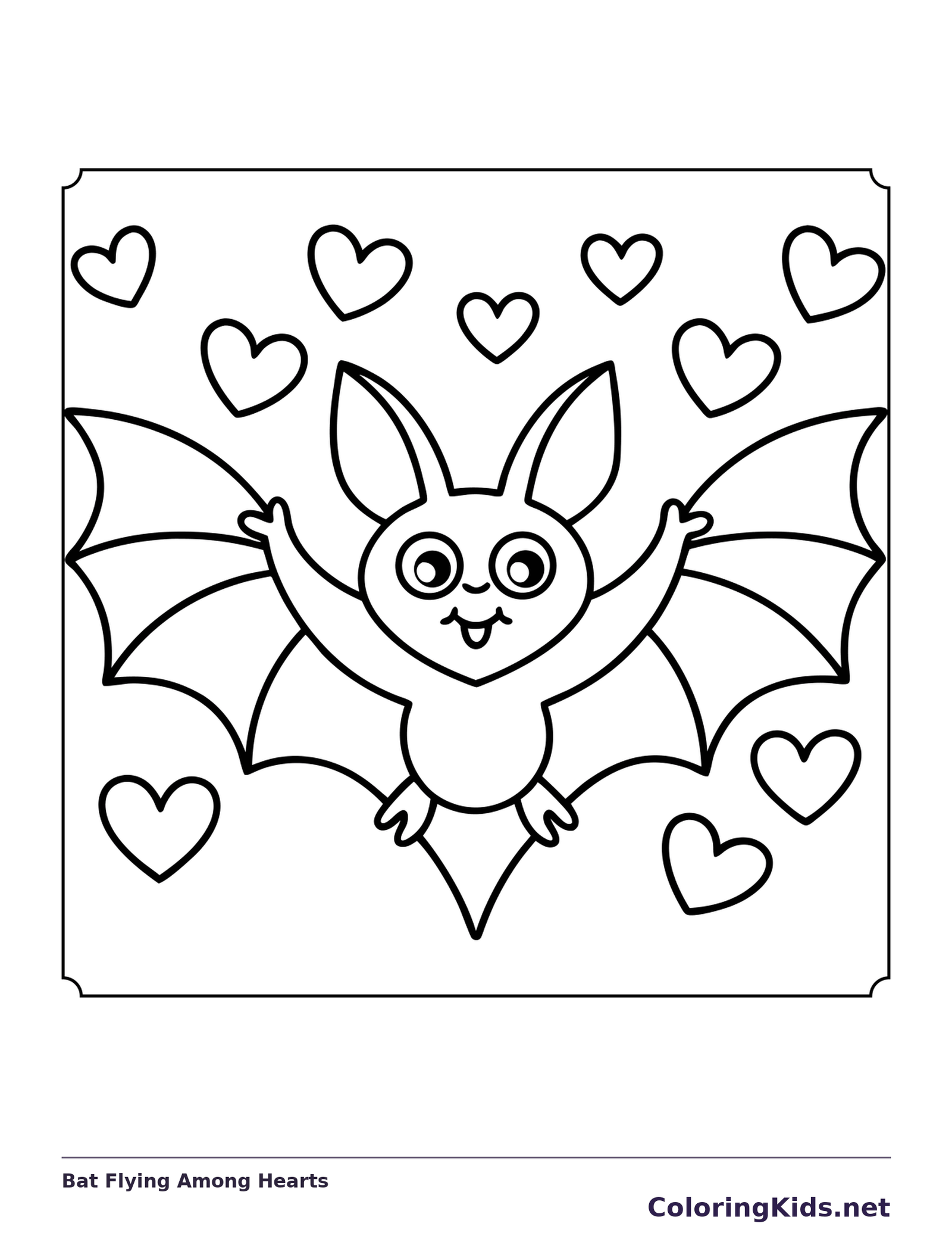 Bat Flying Among Hearts coloring page, black and white printable line art