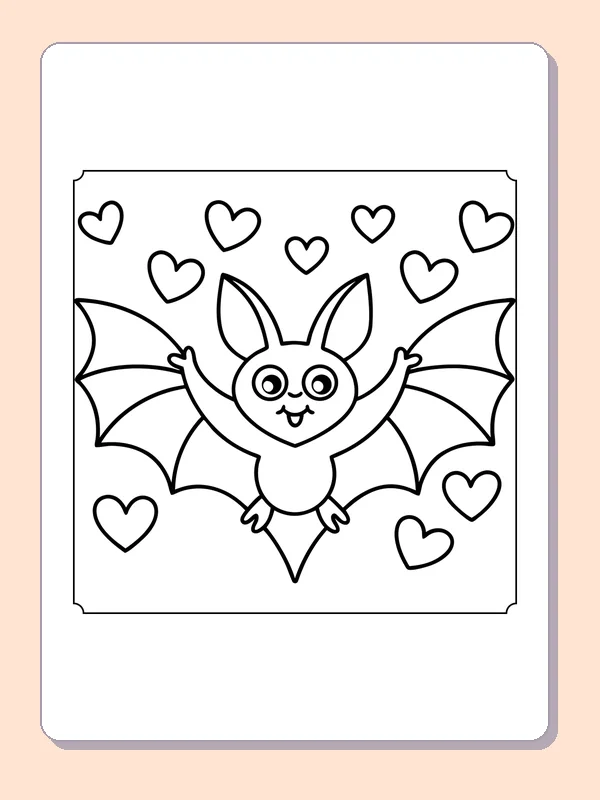 Bat Flying Among Hearts coloring page, black and white printable line art