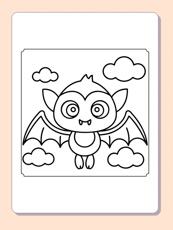 Bat Flying Between Clouds coloring page, black and white printable line art