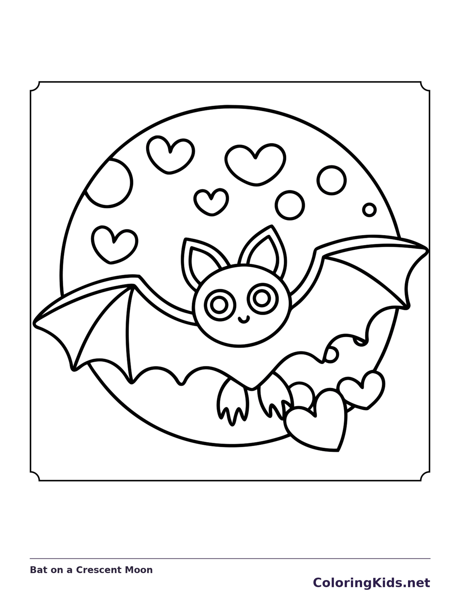 Bat on a Crescent Moon coloring page, black and white printable line art
