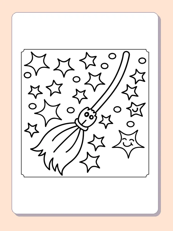 Broom Flying Through the Stars coloring page, black and white printable line art