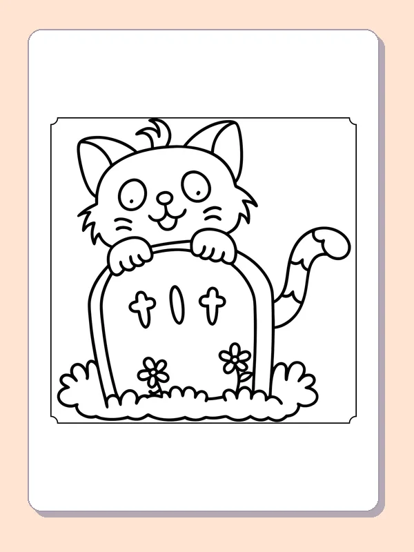 Cat Peeking over a Gravestone coloring page, black and white printable line art