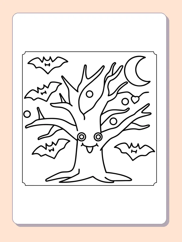 Friendly Halloween Tree coloring page, black and white printable line art